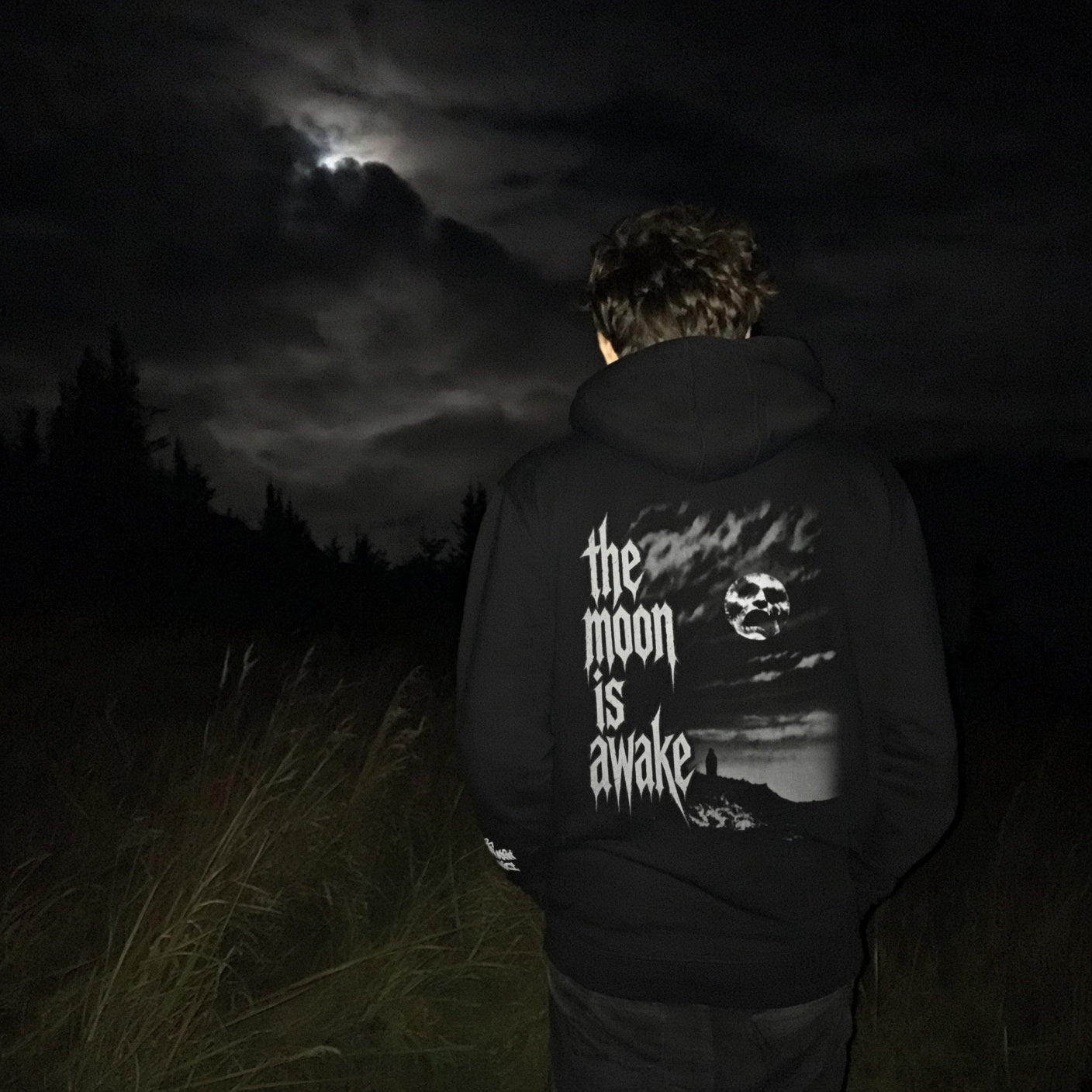 The Moon Is Awake hoodie photographed outdoors at night, showing the complete back artwork