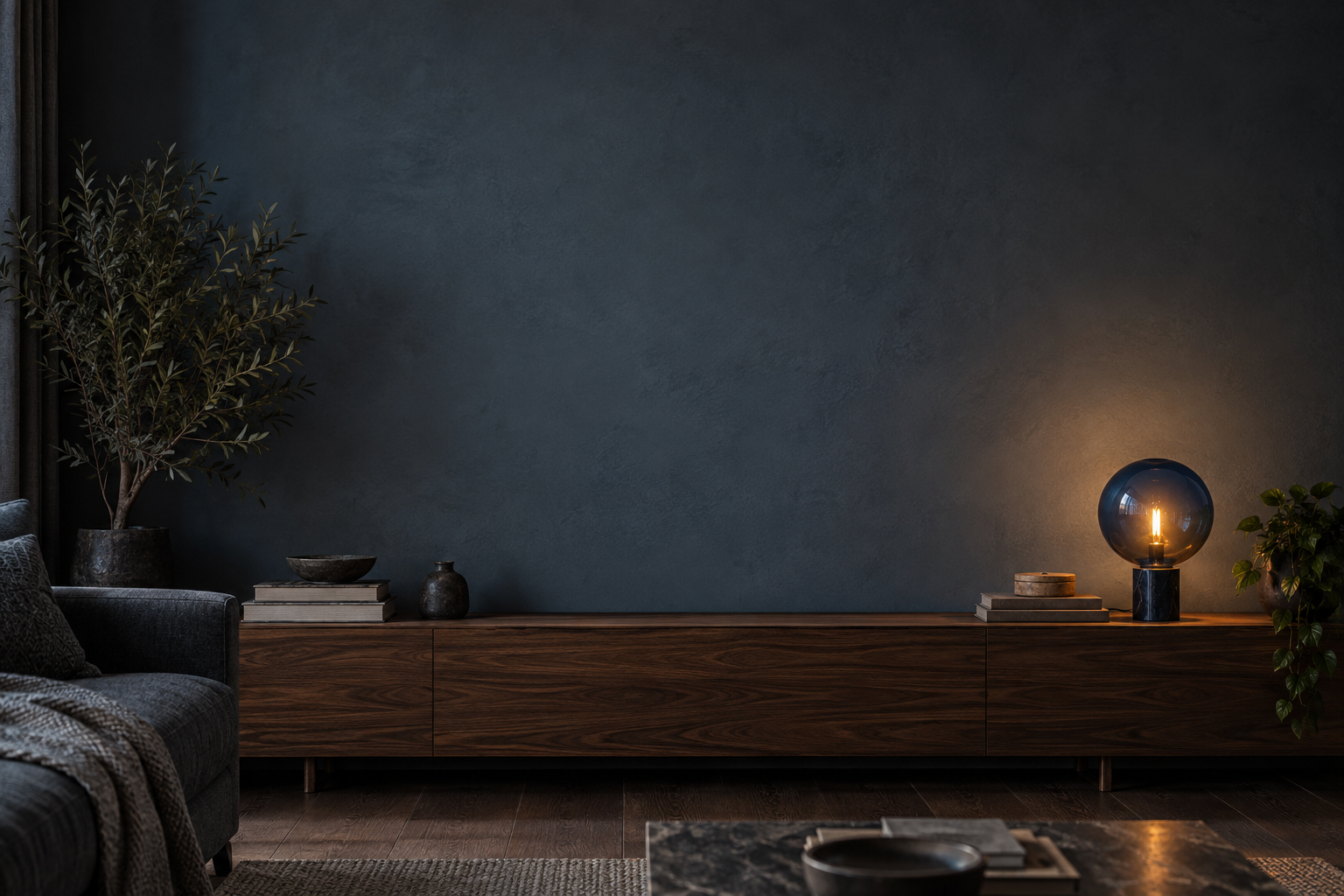 Nocturnal living room with walnut console
