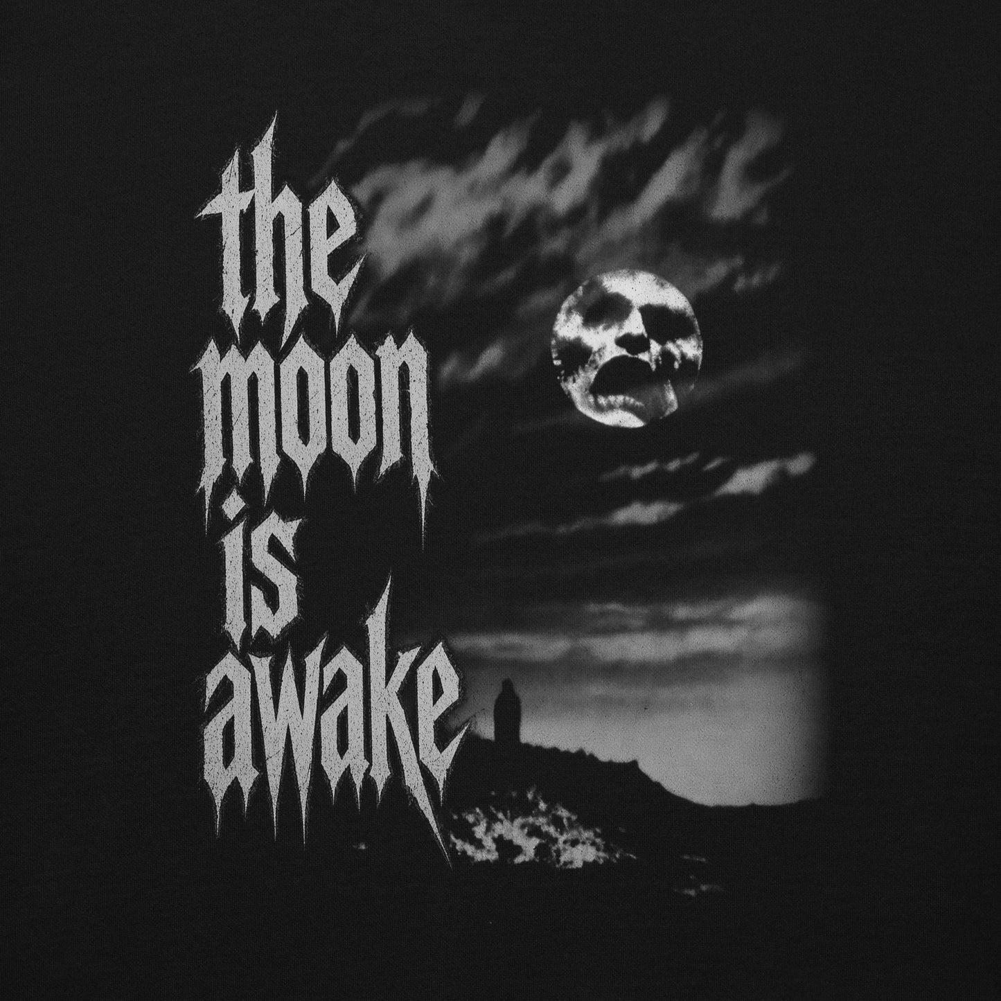 The Moon Is Awake artwork - skull moon over the coast, close view of the print