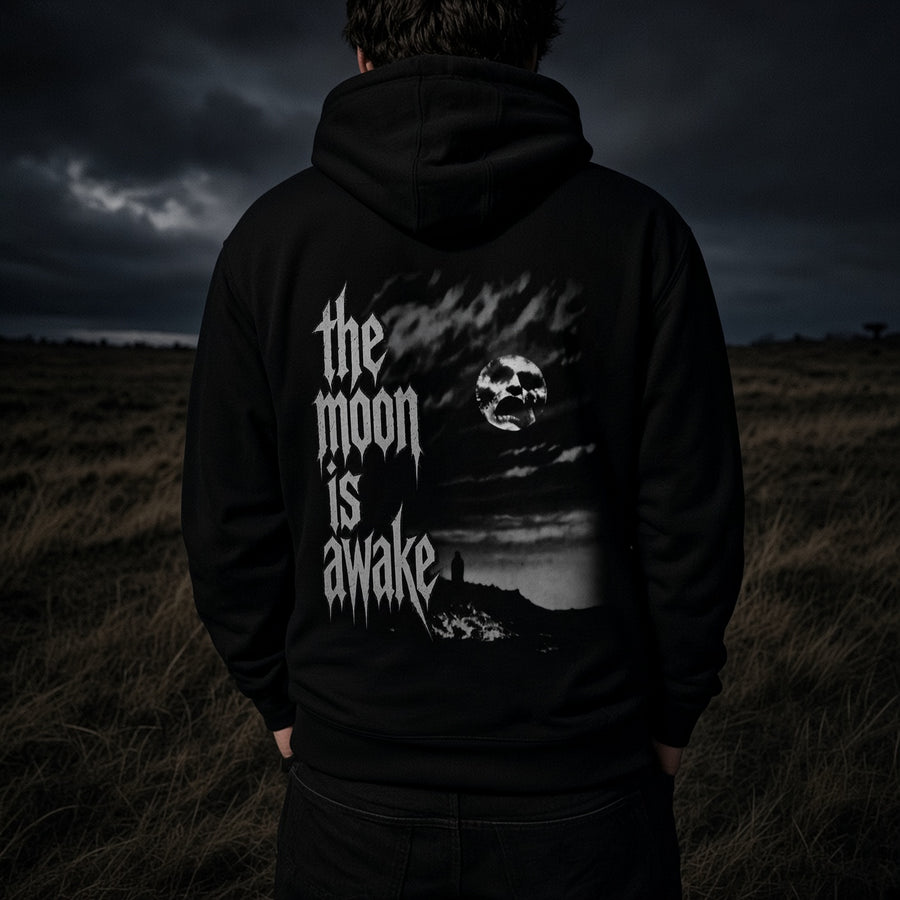 The Moon Is Awake heavyweight hoodie - full back artwork worn at night