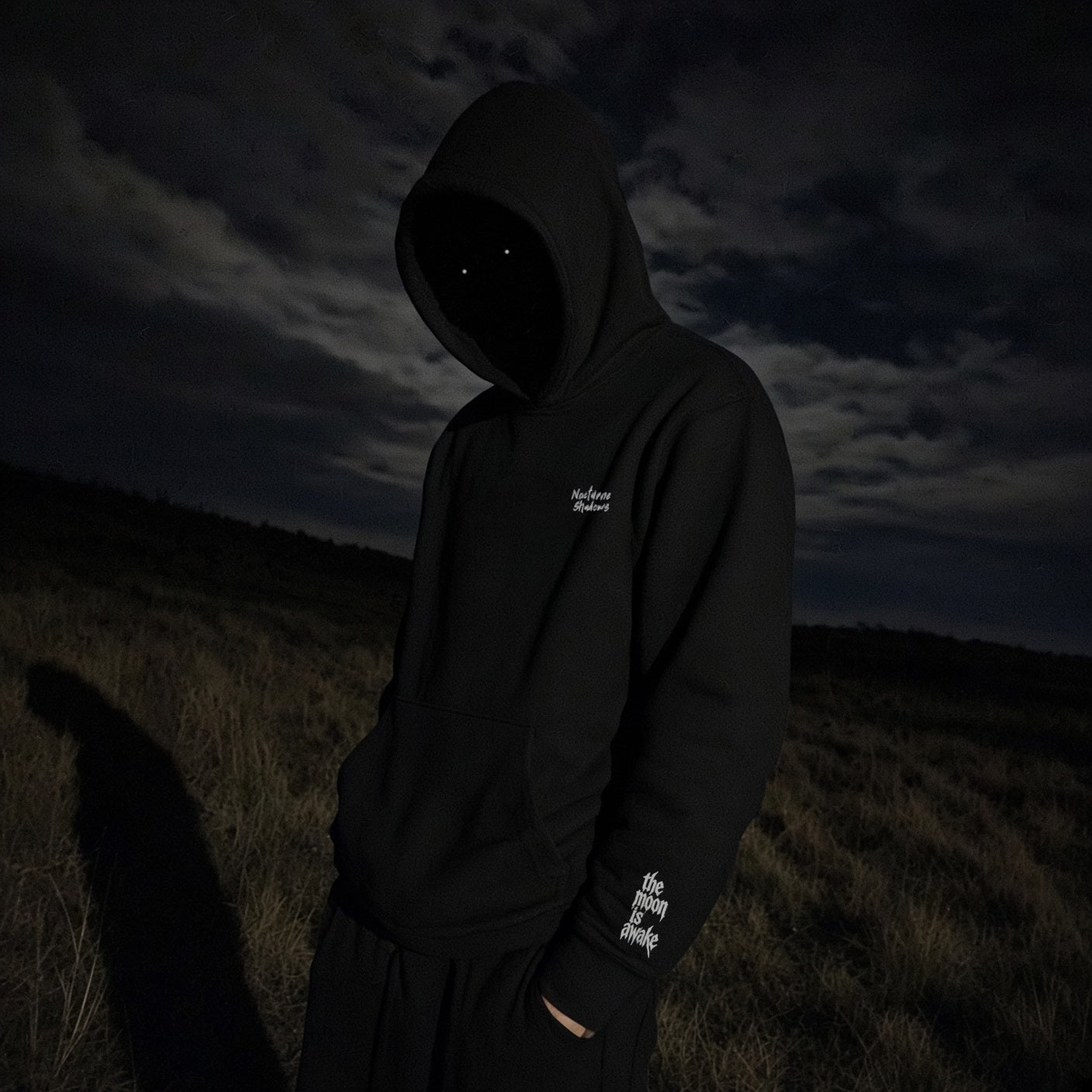 The Moon Is Awake hoodie - front view in open field at night