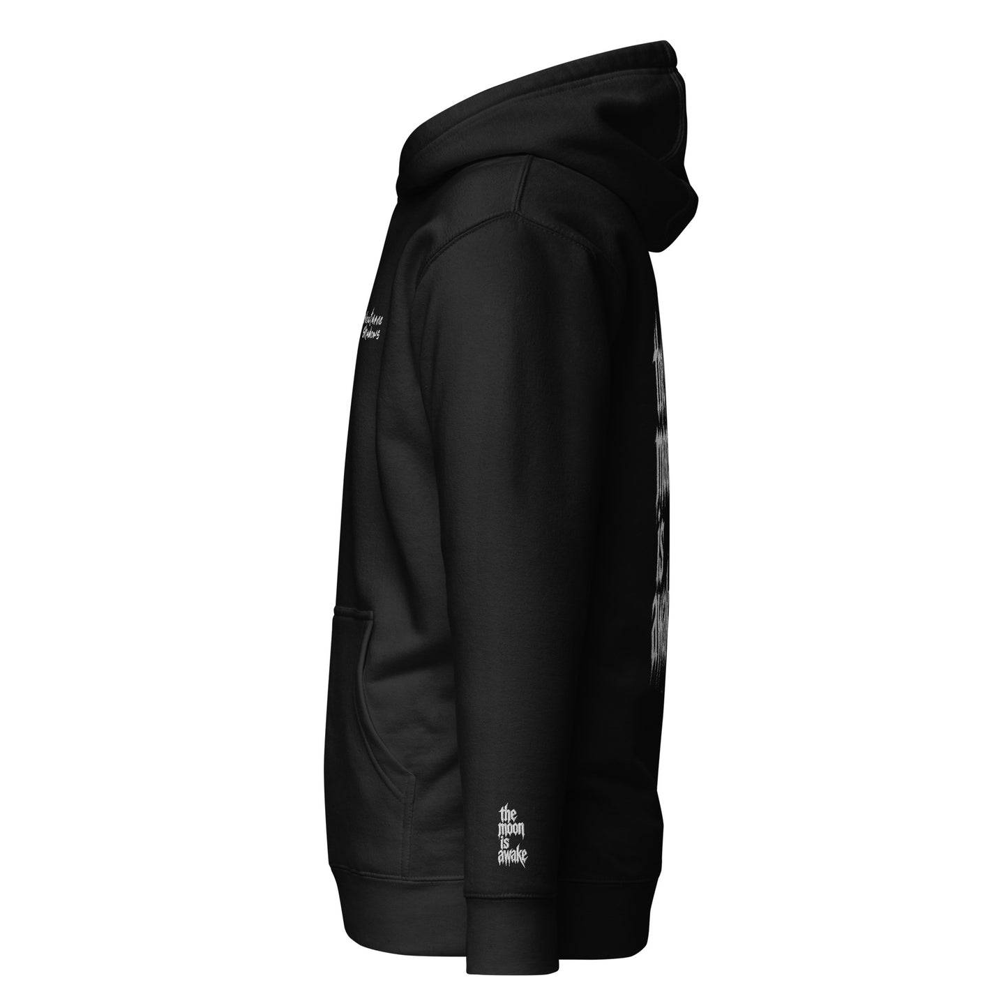 The Moon Is Awake hoodie - side view with embroidered sleeve